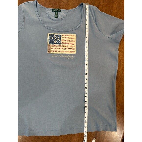 Ralph Lauren LRL 3X Blue Ribbed Cotton Tee Americana Flag Embroidered Top Plus - Picture 8 of 9